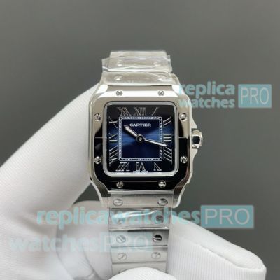 Swiss Clone Cartier Santos Blue Face Mini Stainless Steel Ladies' Watch 